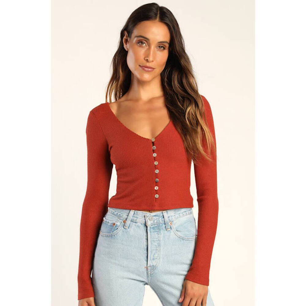 Lulus My Everyday Best Rust Orange Ribbed Long Sleeve Button-up Top - Size M